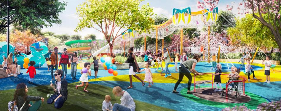 Artist's rendering of children and parents in a public park.