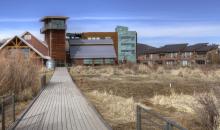 A pathway leads through grasses to a building with solar panels