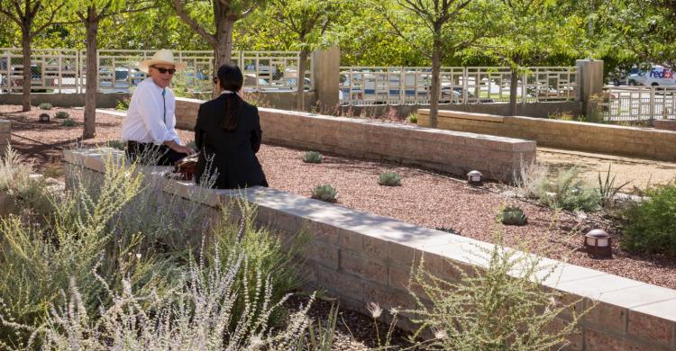 Two people sit on a bench in a landscaped area.